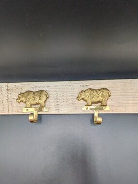 Hand Crafted Hat Key Coat Rack 2 Brass Bear Distressed Hooks Wall Mount `15.5"